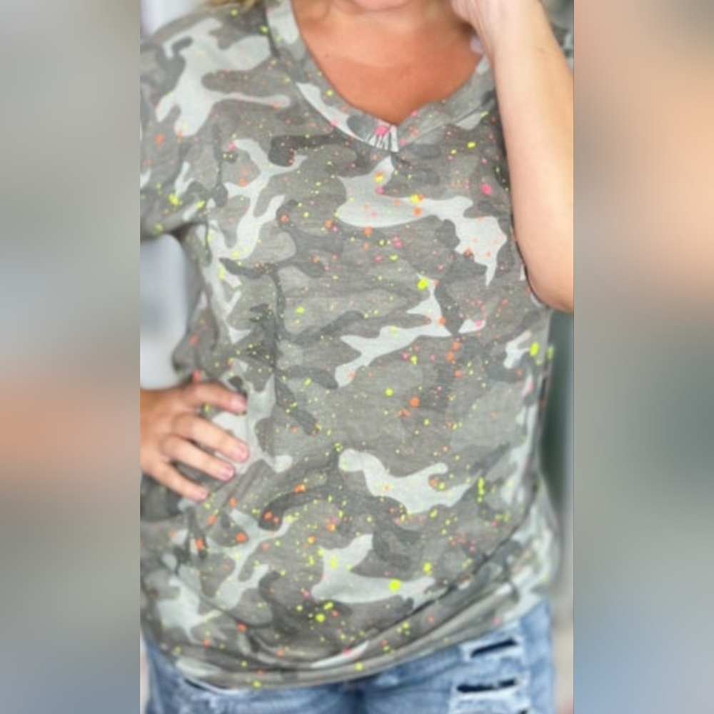 Sew in Love Camo v neck paint splatter